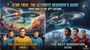 Infographic showing the evolution of Star Trek from the 1966 Original Series to the 2026 Starfleet Academy era.